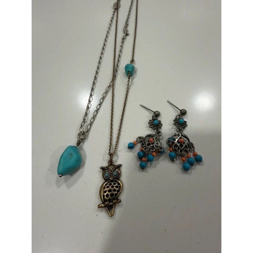 Lucky Brand Boho Owl Turquoise Necklace Set and Earrings